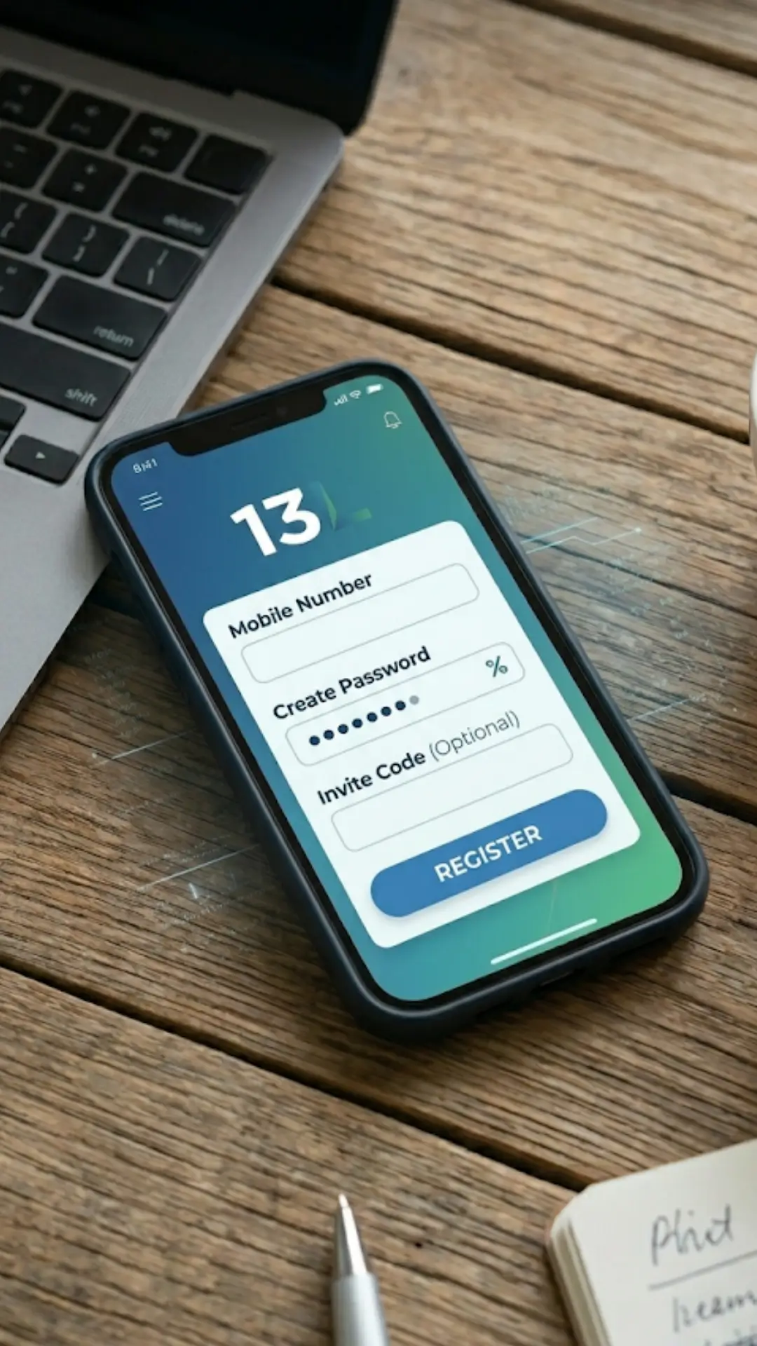 13L Registration Form screenshot showing fields for Mobile Number, strong password creation, and an optional Invite Code. The phone is placed next to a laptop and a warm cup of coffee on a wooden desk.