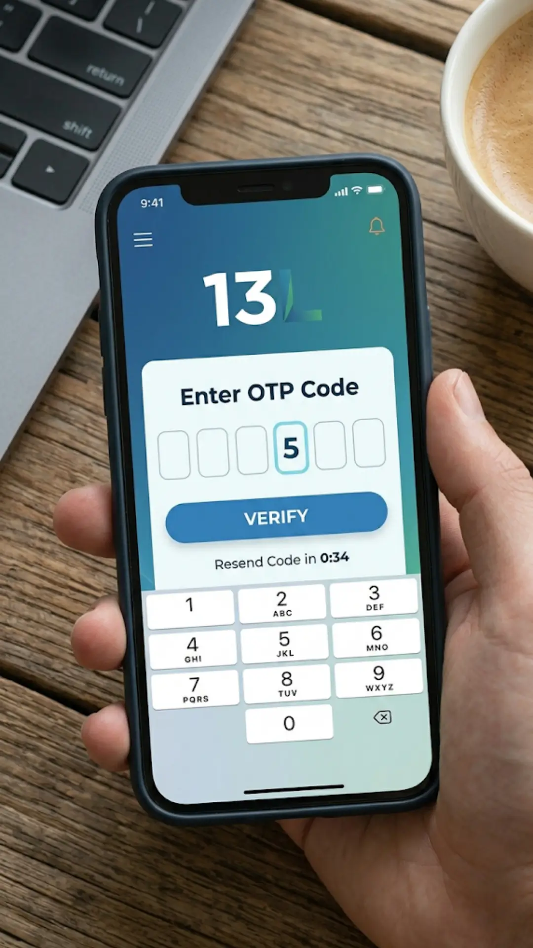 Screenshot of the 13L mobile app OTP verification screen, featuring 6 empty digit boxes and a numerical keyboard. The phone shows the 13L logo and matches the wooden desk setting and lighting of the first screenshot.